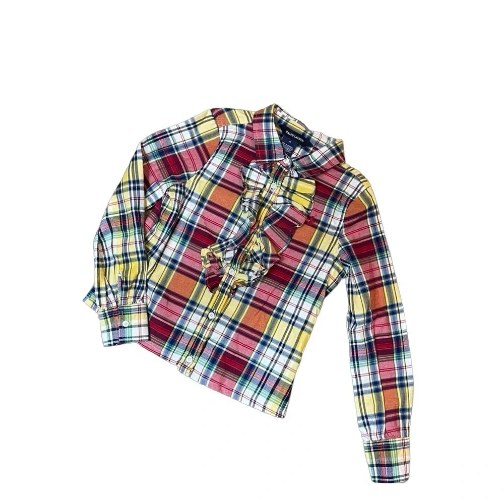 Ralph Lauren polo girls button down plaid water fall ruffle long sleeve blouse 6